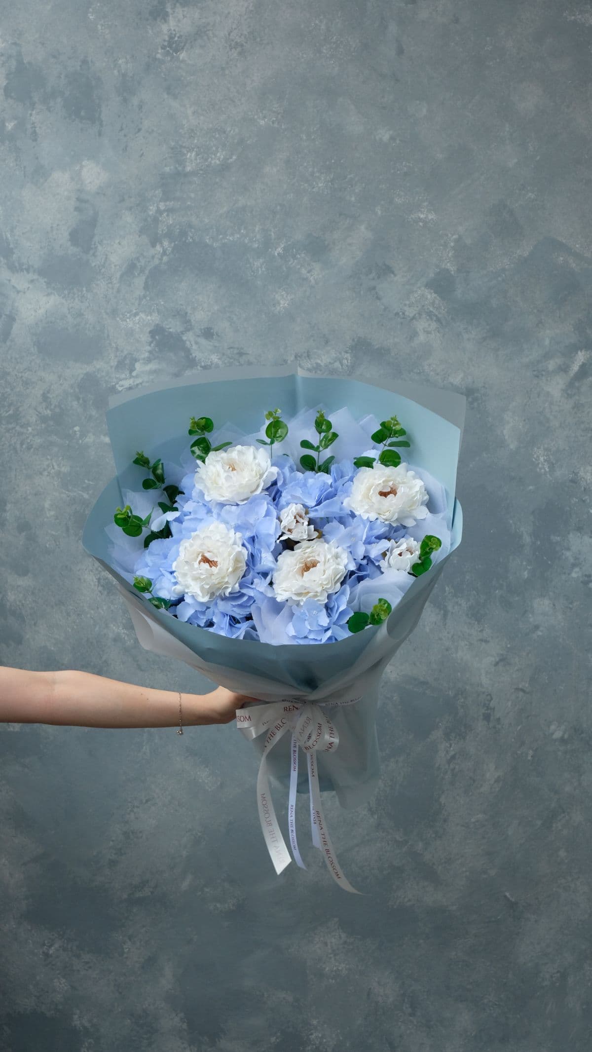Sapphire Petals - Artificial blue hydrangeas, peony aiko & eucalyptus — cool, jewel-toned, magnificent. - Rena The Blossom Jakarta