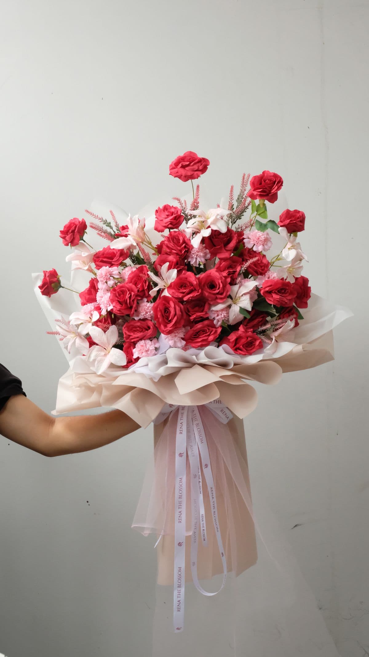 Grandeur Pink - Artificial roses with flamingo, scabiosa & lavender — unconventional grandeur. - Rena The Blossom Jakarta