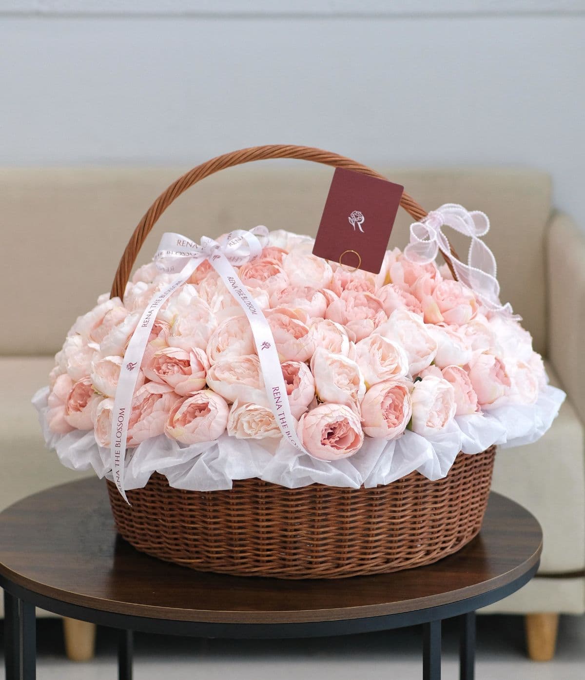 Peony Petal In Basket - Pink & peach artificial peonies in a basket — soft, romantic, and garden-fresh in feel. - Rena The Blossom Jakarta