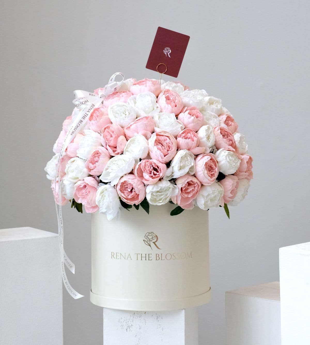 Peony Petal In Box - White & pink artificial peonies in a box — luxurious, lasting, and impressive. - Rena The Blossom Jakarta