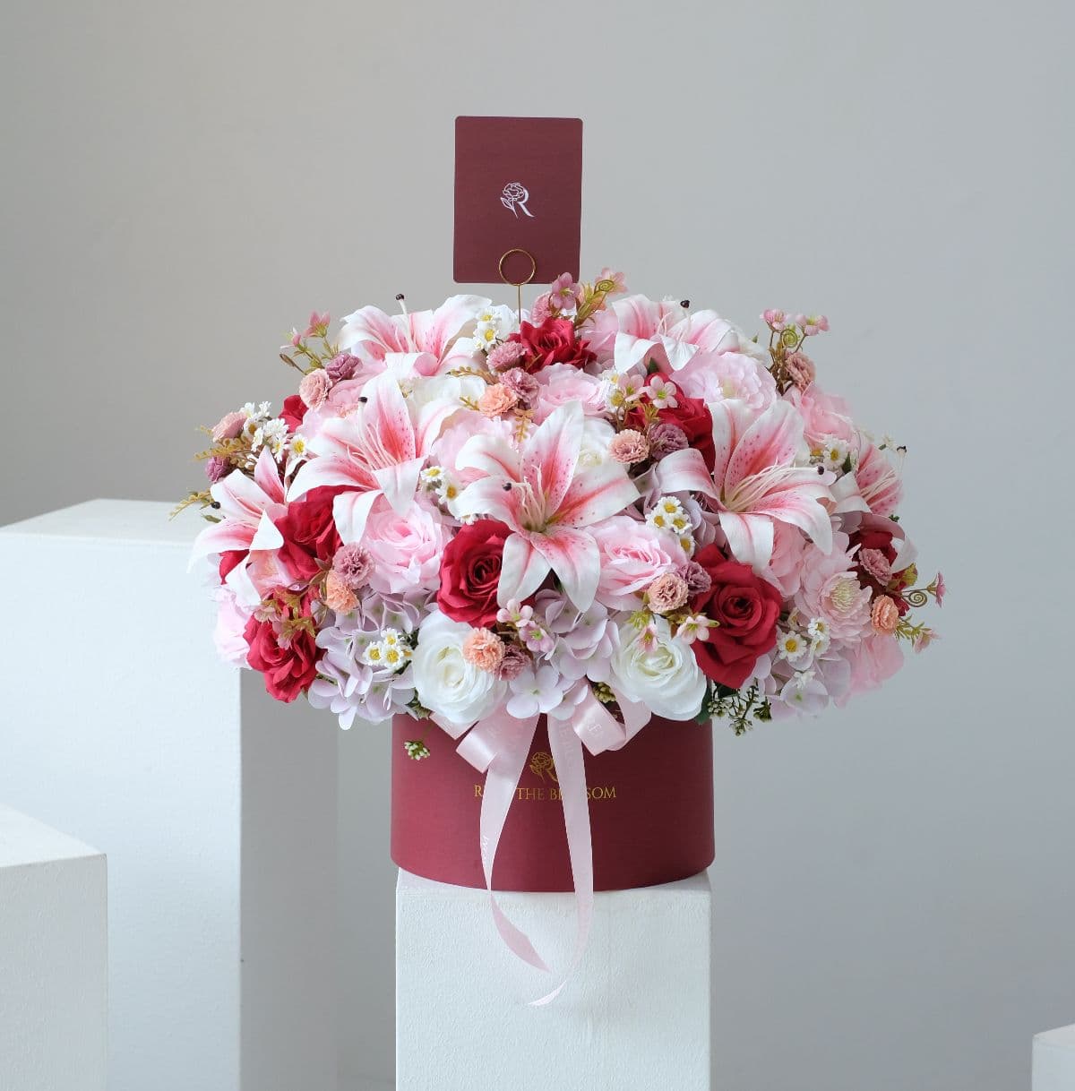 Lunaria Petals - Pink, red & white artificial roses with hydrangea, lily & daisy — made to last. - Rena The Blossom Jakarta