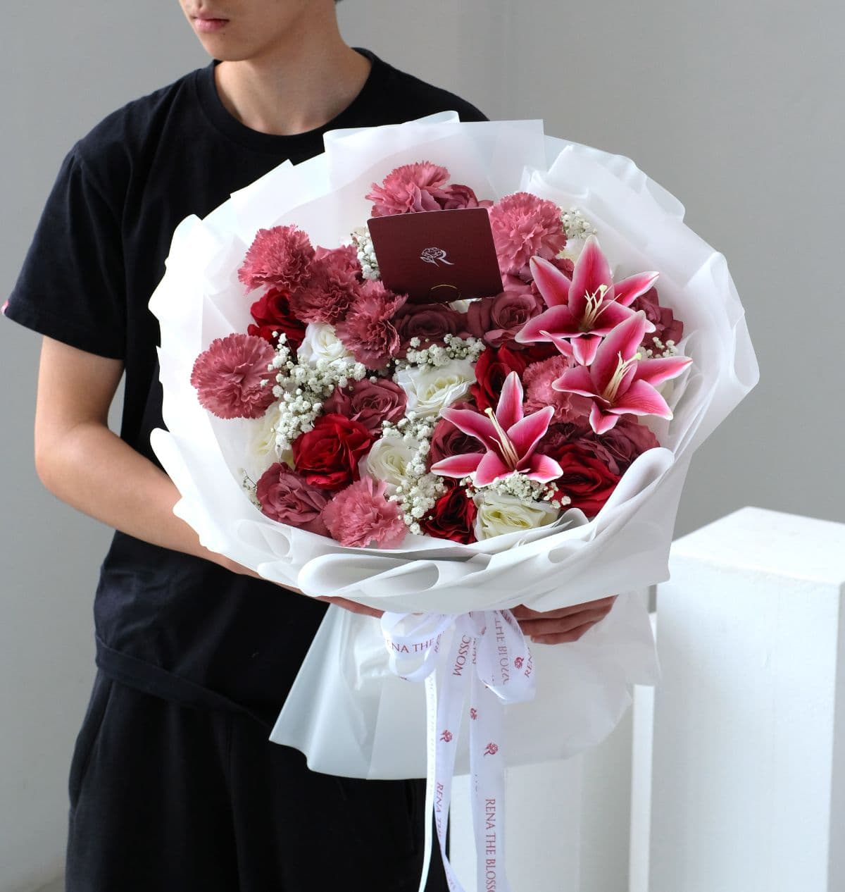 Rosabelle - Purple carnation, mixed roses, pink lily & baby breath — compact, detailed, and warm. - Rena The Blossom Jakarta
