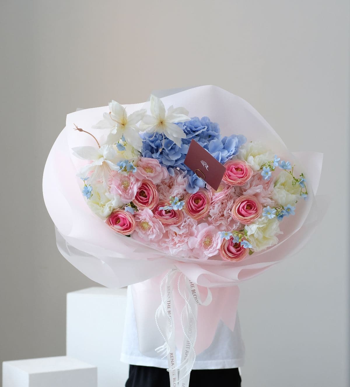 Amorette Bloom - Pink ranunculus, blue geranium & peony with hydrangea — full of personality and bloom. - Rena The Blossom Jakarta